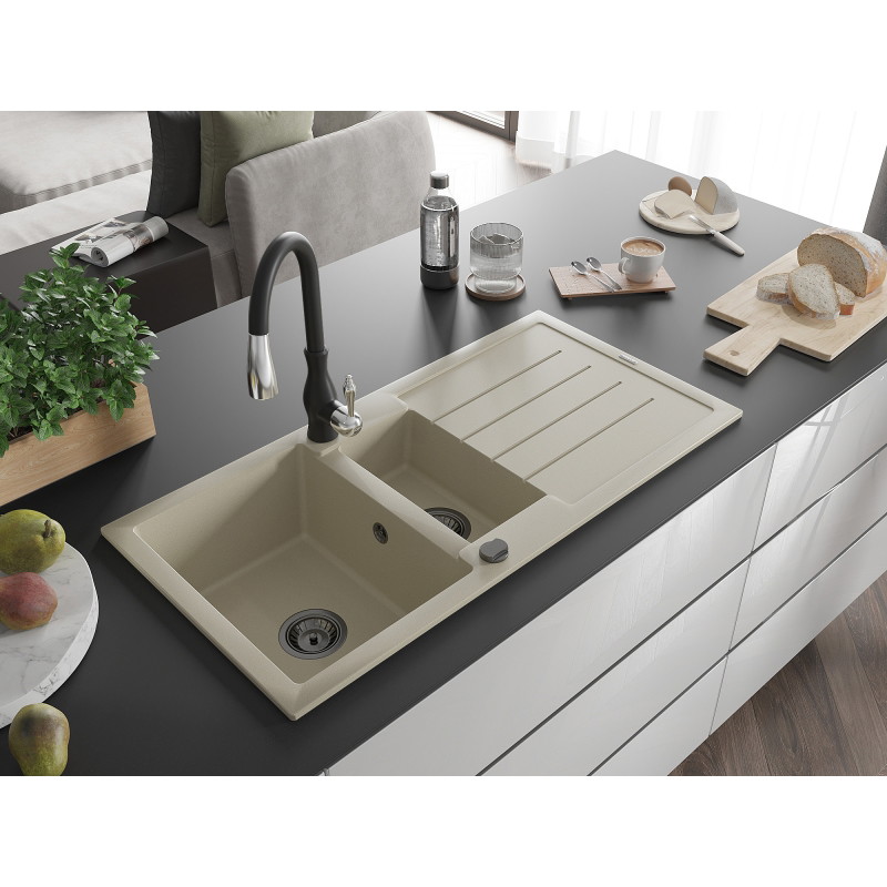 Mexen Andres granite sink 1.5-bowl with drainer and kitchen faucet Savita, beige - 6515-69-672601-70