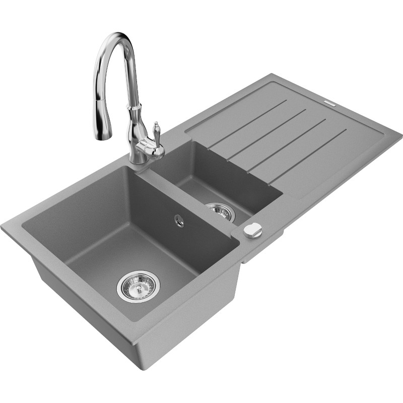 Mexen Andres 1.5-bowl granite sink with drainer and Savita kitchen faucet, gray - 6515-71-672601-00