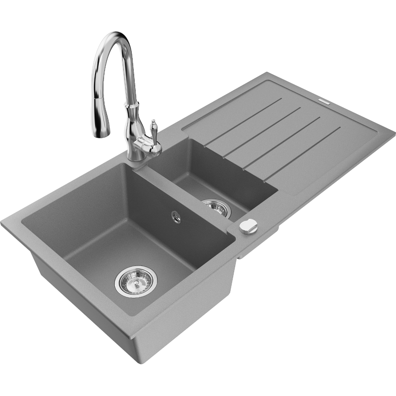 Mexen Andres 1.5-compartment granite sink with a drip tray and kitchen mixer tap Savita, Grey - 6515-71-672601-00