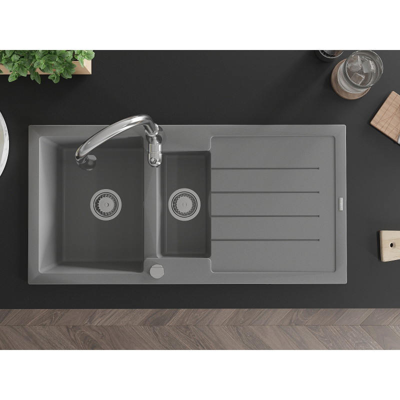 Mexen Andres Granite Sink 1.5 Bowl with Drainer and Savita Kitchen Faucet, Gray - 6515-71-672601-00