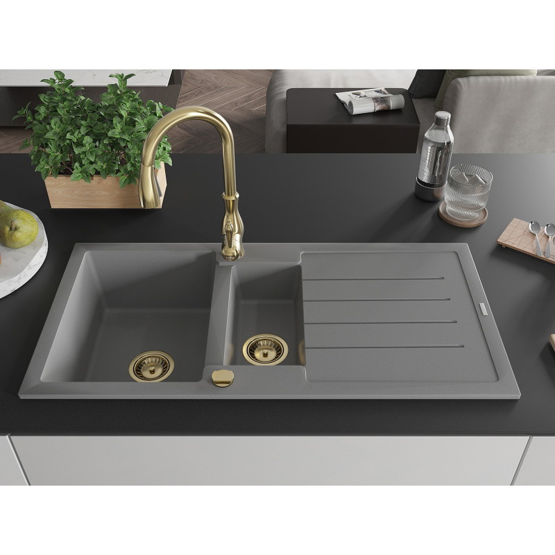 Mexen Andres granite sink 1.5-bowl with drainer and kitchen faucet Savita, gray - 6515-71-672601-50