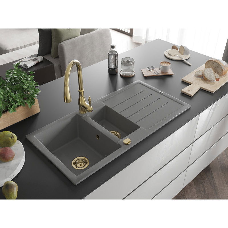 Mexen Andres 1.5-bowl granite sink with drainer and Savita kitchen tap, grey - 6515-71-672601-50