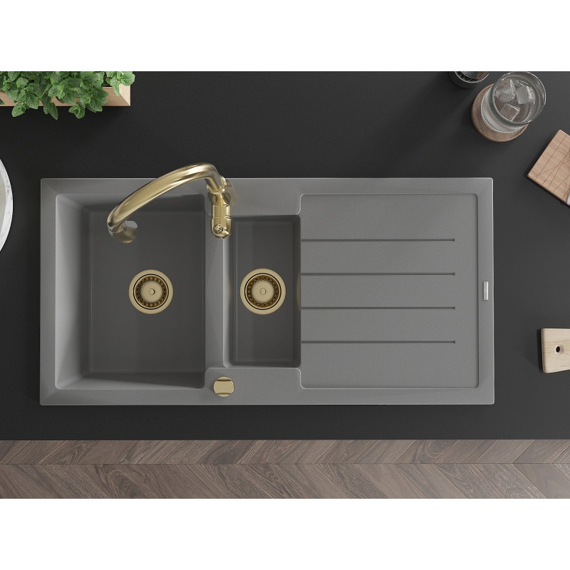 Mexen Andres granite sink 1.5-bowl with drainer and Savita kitchen faucet, gray - 6515-71-672601-50