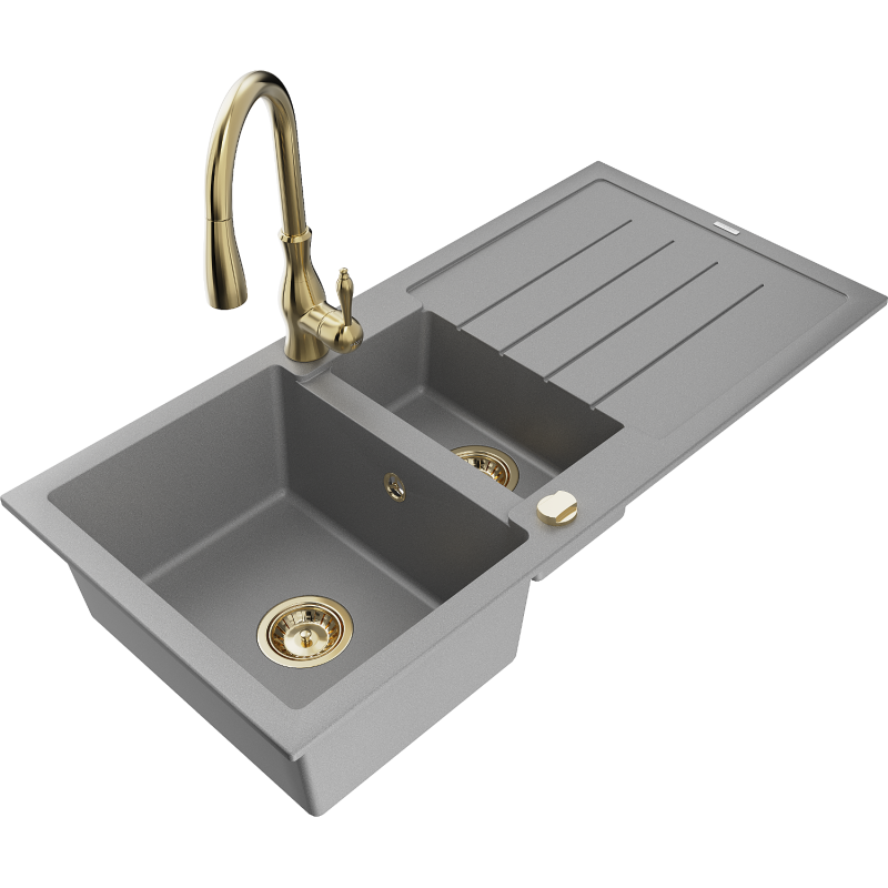 Mexen Andres 1.5-compartment granite sink with a drip tray and kitchen mixer tap Savita, Grey - 6515-71-672601-50