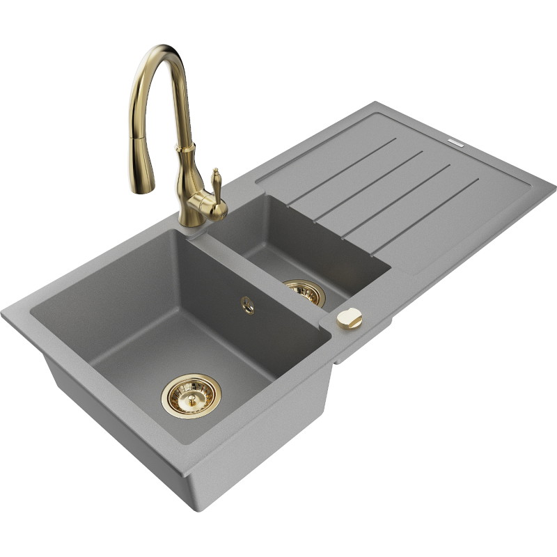 Mexen Andres granite sink 1.5-bowl with drainer and kitchen faucet Savita, gray - 6515-71-672601-50