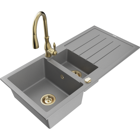 Mexen Andres granite sink 1.5-bowl with drainer and Savita kitchen faucet, gray - 6515-71-672601-50