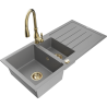 Mexen Andres 1.5-compartment granite sink with a drip tray and kitchen mixer tap Savita, Grey - 6515-71-672601-50