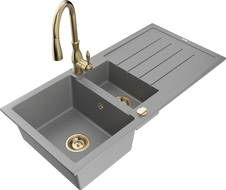 Mexen Andres 1.5-compartment granite sink with a drip tray and kitchen mixer tap Savita, Grey - 6515-71-672601-50