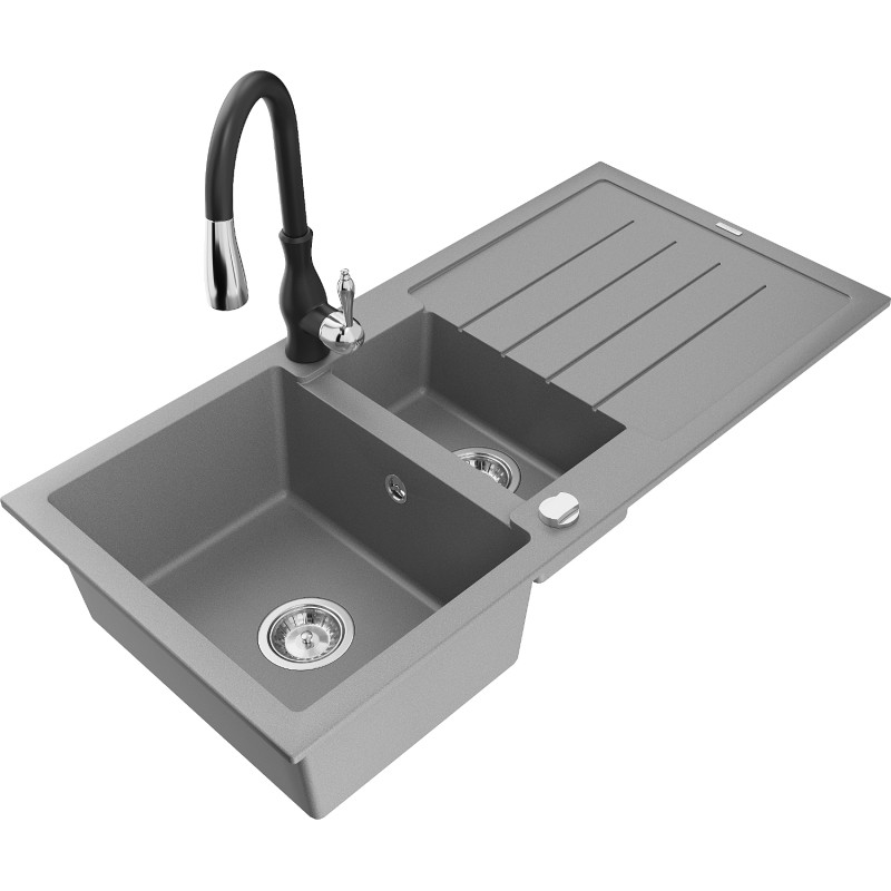 Mexen Andres 1.5-bowl granite sink with drainer and Savita kitchen faucet, gray - 6515-71-672601-70