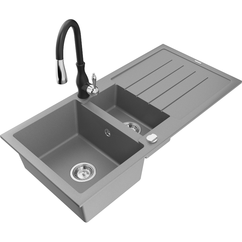 Mexen Andres 1.5-compartment granite sink with a drip tray and kitchen mixer tap Savita, Grey - 6515-71-672601-70