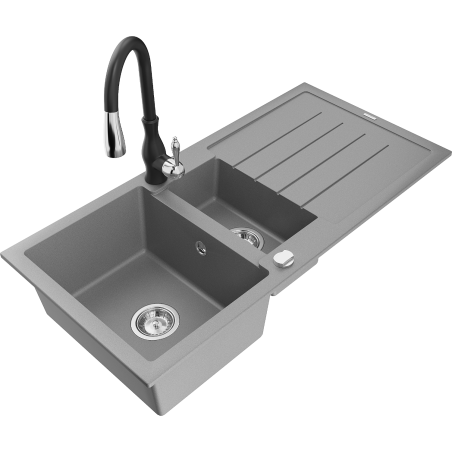 Mexen Andres 1.5-bowl granite sink with drainer and Savita kitchen faucet, gray - 6515-71-672601-70