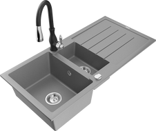 Mexen Andres 1.5-compartment granite sink with a drip tray and kitchen mixer tap Savita, Grey - 6515-71-672601-70