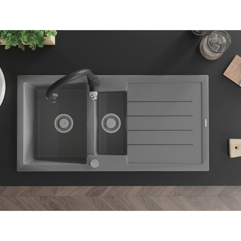 Mexen Andres granite sink 1.5-bowl with drainer and Savita kitchen faucet, gray - 6515-71-672601-70