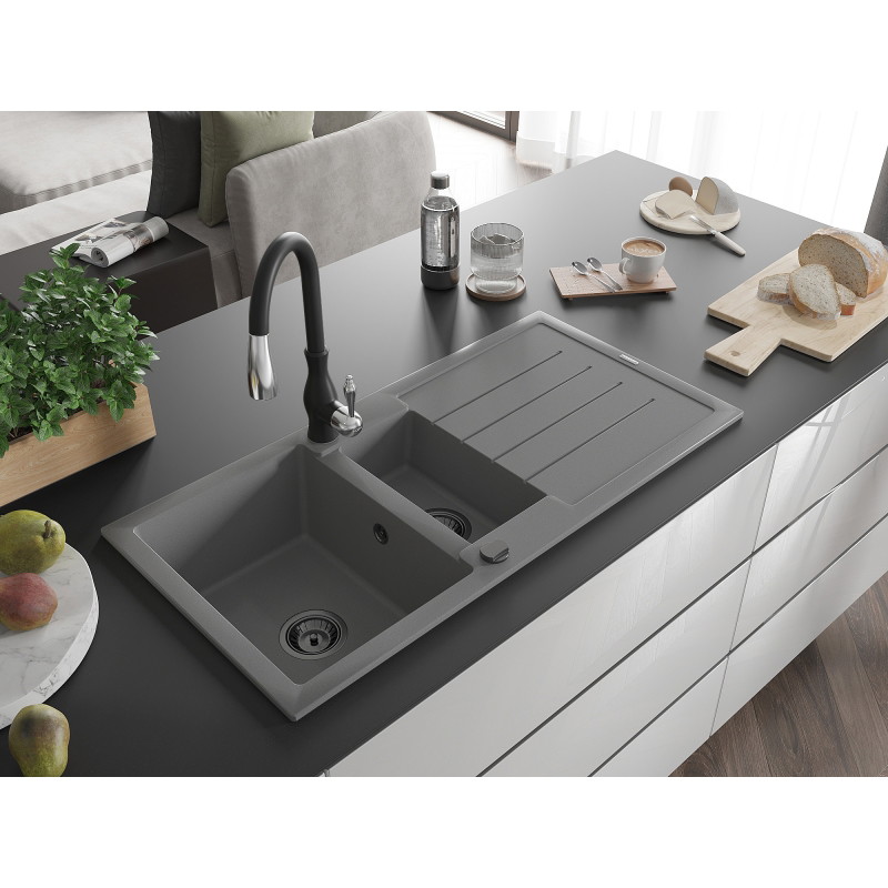 Mexen Andres 1.5-bowl granite sink with drainer and Savita kitchen faucet, gray - 6515-71-672601-70-B