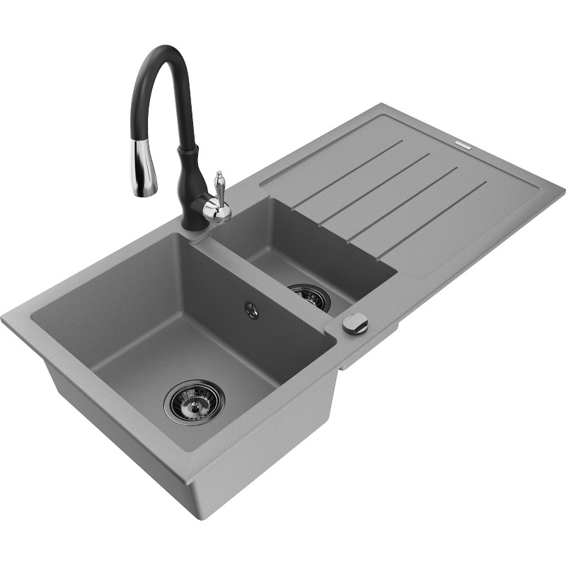 Mexen Andres 1.5-bowl granite sink with drainer and Savita kitchen faucet, gray - 6515-71-672601-70-B