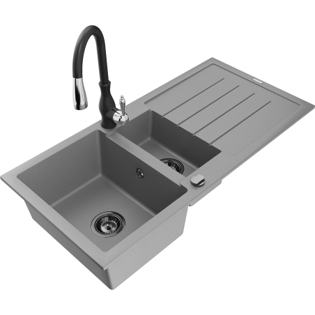 Mexen Andres granite sink 1.5-bowl with drainer and Savita kitchen faucet, gray - 6515-71-672601-70-B