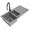 Mexen Andres 1.5-compartment granite sink with a drip tray and kitchen mixer tap Savita, Grey - 6515-71-672601-70-B