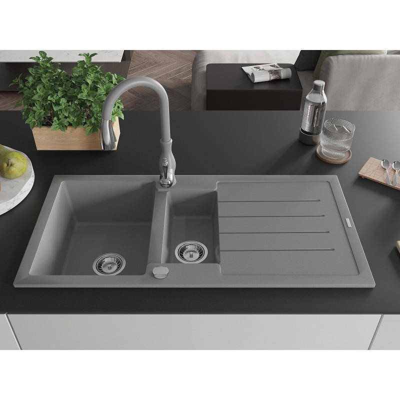 Mexen Andres granite sink 1.5-bowl with drainer and Savita kitchen faucet, gray - 6515-71-672601-71