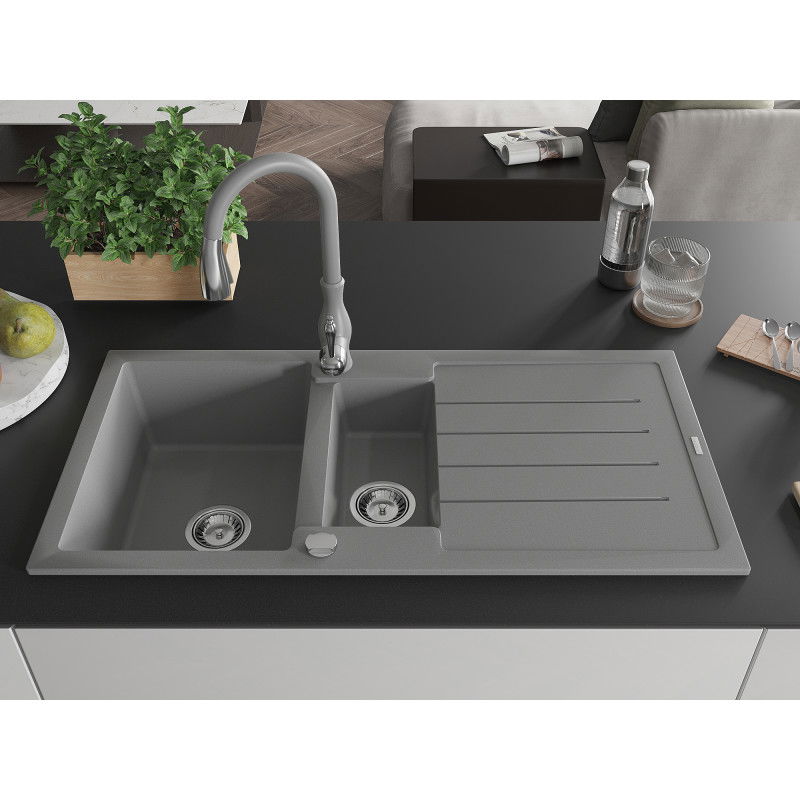 Mexen Andres granite sink 1.5-bowl with drainer and Savita kitchen tap, grey - 6515-71-672601-71