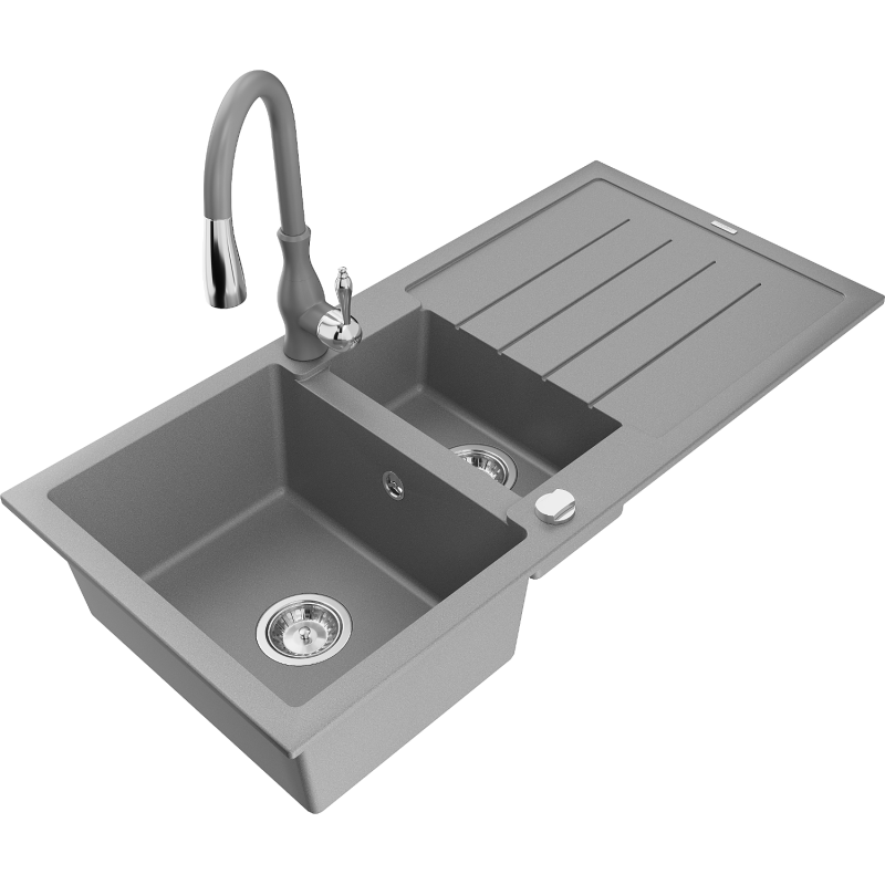 Mexen Andres 1.5-compartment granite sink with a drip tray and kitchen mixer tap Savita, Grey - 6515-71-672601-71