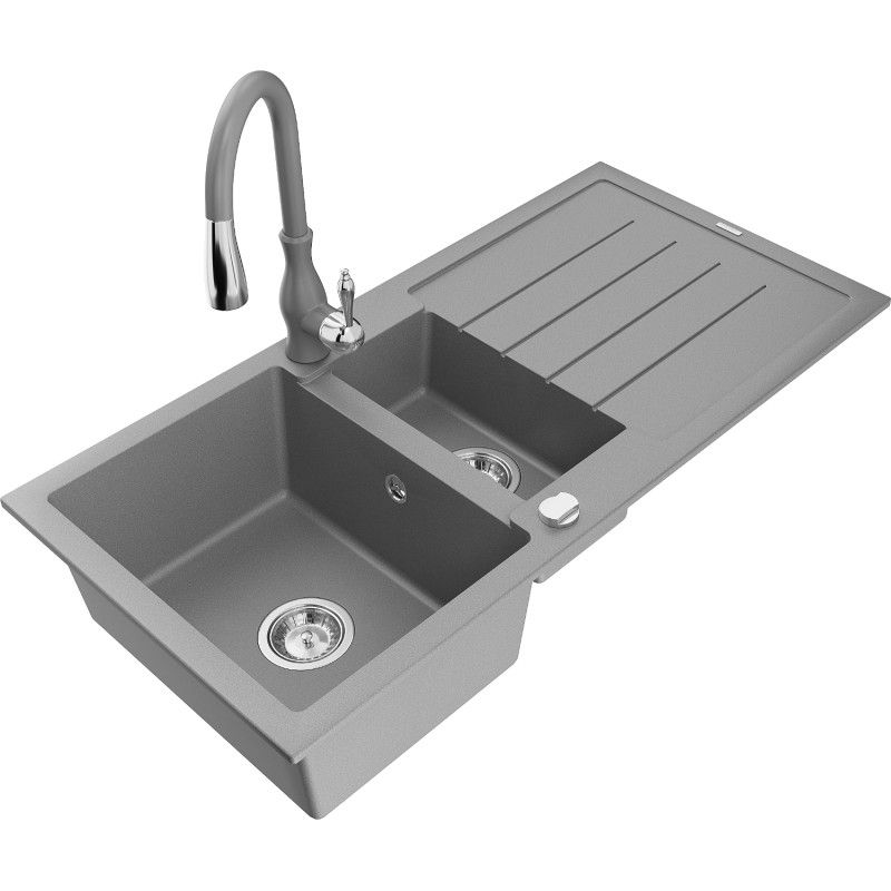 Mexen Andres granite sink 1.5 bowls with drainer and Savita kitchen faucet, gray - 6515-71-672601-71