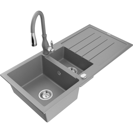 Mexen Andres granite sink 1.5-bowl with drainer and Savita kitchen tap, grey - 6515-71-672601-71