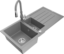 Mexen Andres 1.5-compartment granite sink with a drip tray and kitchen mixer tap Savita, Grey - 6515-71-672601-71
