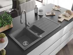 Mexen Andres 1.5-compartment granite sink with a drip tray and kitchen mixer tap Savita, Grey - 6515-71-672601-71