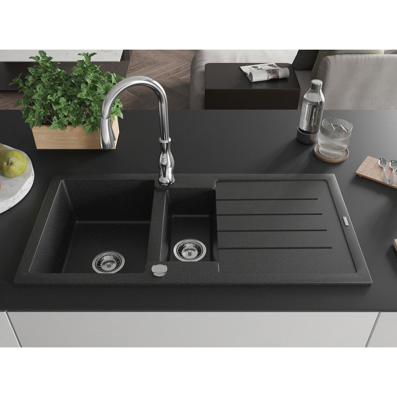 Mexen Andres 1.5-bowl granite sink with drainer and Savita kitchen tap, black/silver - 6515-73-672601-00