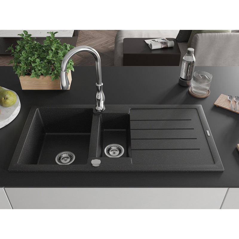 Mexen Andres granite sink 1.5-bowl with drainer and Savita kitchen faucet, black/silver - 6515-73-672601-00