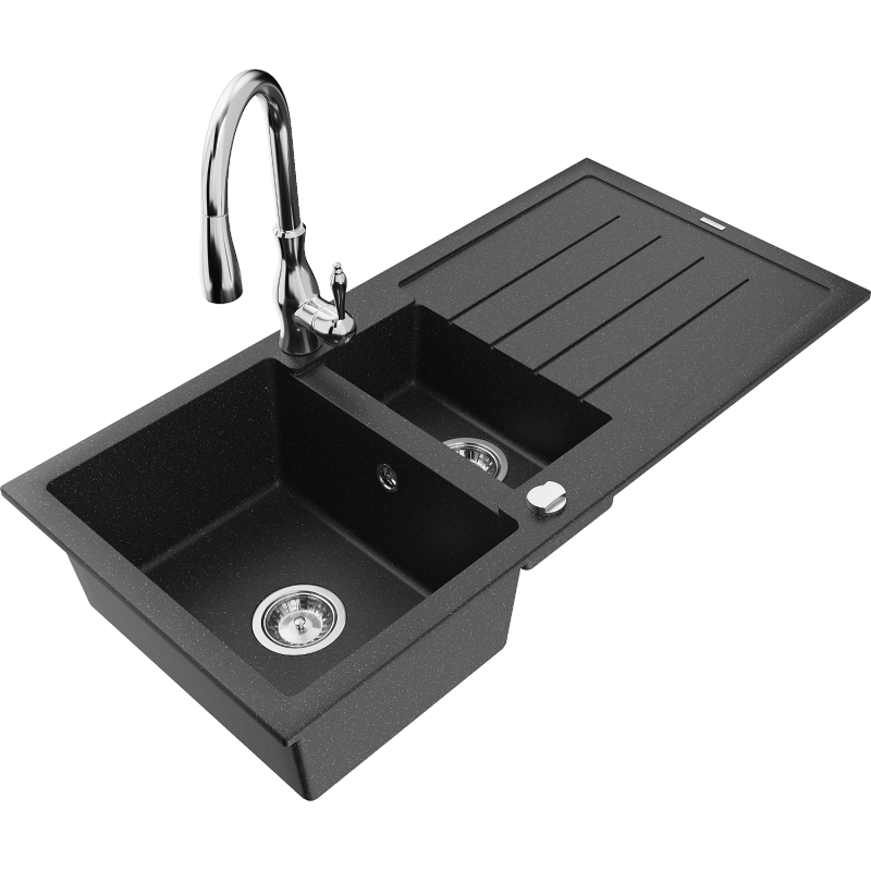 Mexen Andres 1.5-bowl granite sink with drainer and Savita kitchen tap, black/silver - 6515-73-672601-00