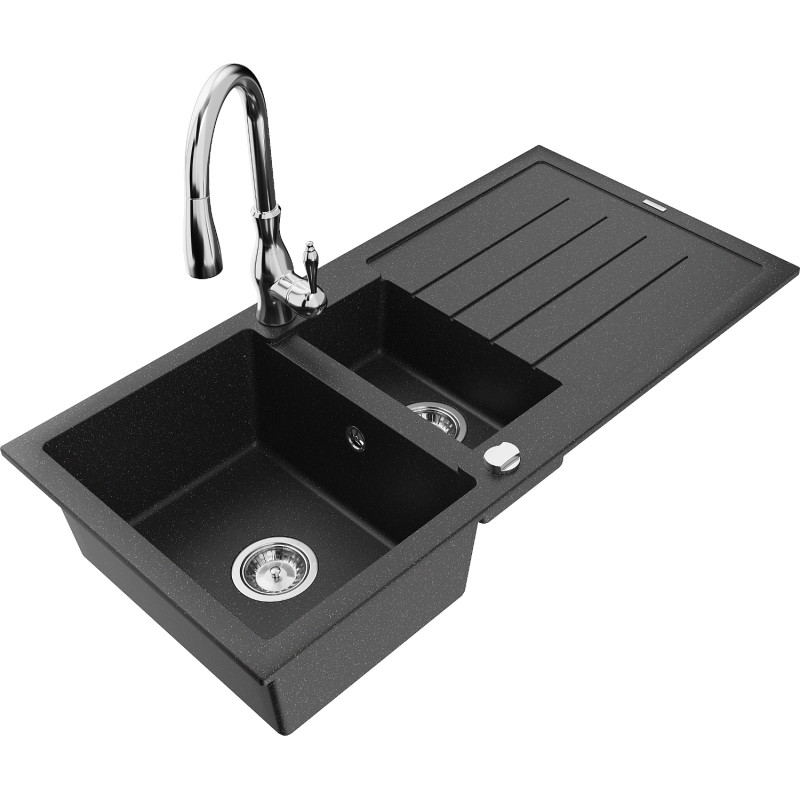 Mexen Andres granite sink 1.5-bowl with drainer and kitchen faucet Savita, black/silver - 6515-73-672601-00