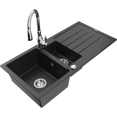 Mexen Andres 1.5-compartment granite sink with a drip tray and kitchen mixer tap Savita, Black/Silver - 6515-73-672601-00
