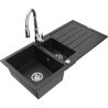 Mexen Andres 1.5-bowl granite sink with drainer and Savita kitchen tap, black/silver - 6515-73-672601-00