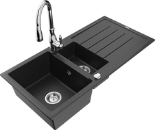 Mexen Andres 1.5-compartment granite sink with a drip tray and kitchen mixer tap Savita, Black/Silver - 6515-73-672601-00
