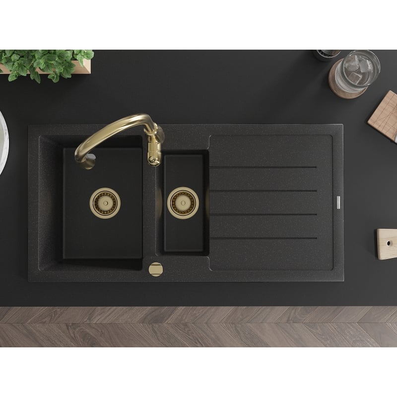 Mexen Andres granite sink 1.5-bowl with drainer and Savita kitchen faucet, black/silver - 6515-73-672601-50