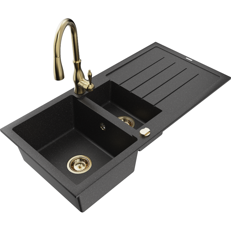 Mexen Andres 1.5-compartment granite sink with a drip tray and kitchen mixer tap Savita, Black/Silver - 6515-73-672601-50