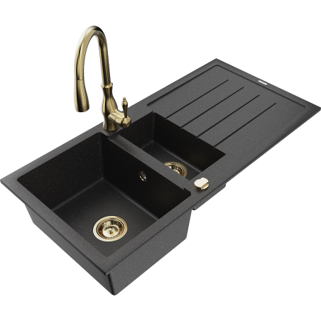 Mexen Andres 1.5-compartment granite sink with a drip tray and kitchen mixer tap Savita, Black/Silver - 6515-73-672601-50