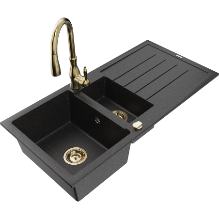 Mexen Andres granite sink 1.5-bowl with drainer and Savita kitchen faucet, black/silver - 6515-73-672601-50