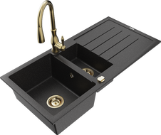Mexen Andres 1.5-compartment granite sink with a drip tray and kitchen mixer tap Savita, Black/Silver - 6515-73-672601-50