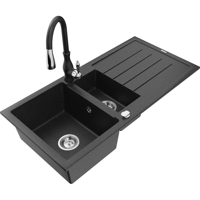 Mexen Andres 1.5-bowl granite sink with drainer and Savita kitchen faucet, black/silver - 6515-73-672601-70