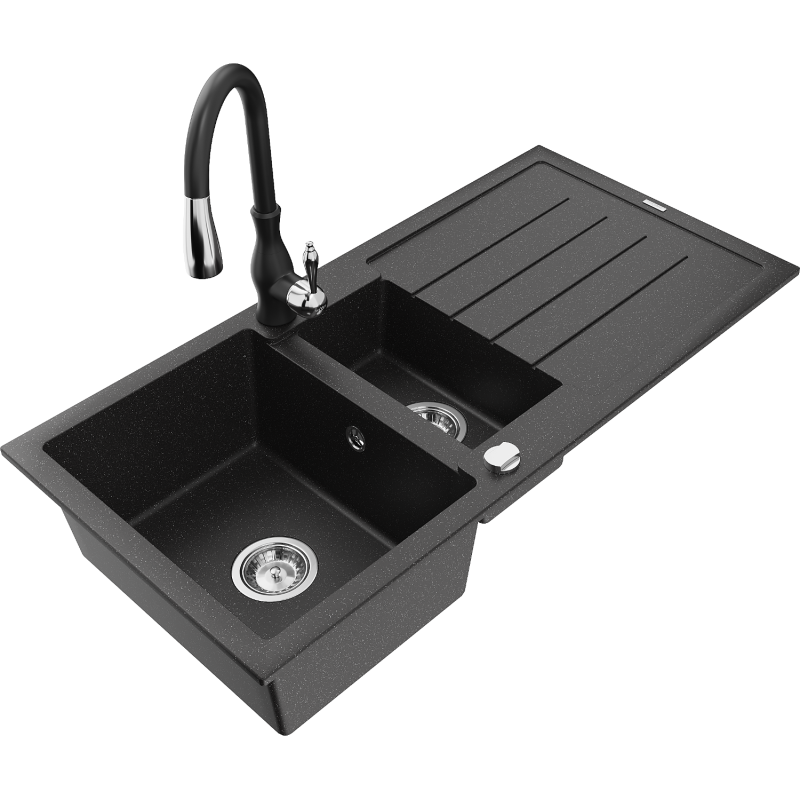 Mexen Andres 1.5-compartment granite sink with a drip tray and kitchen mixer tap Savita, Black/Silver - 6515-73-672601-70