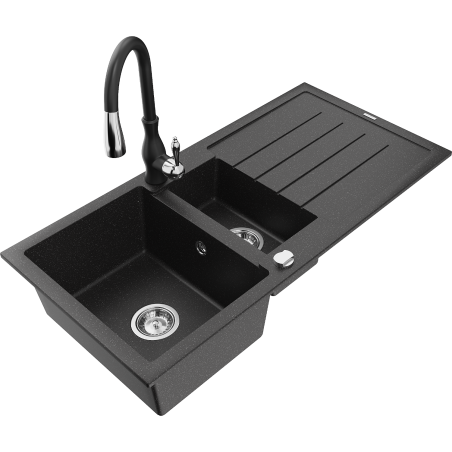 Mexen Andres granite sink 1.5-bowl with drainer and Savita kitchen tap, black/silver - 6515-73-672601-70