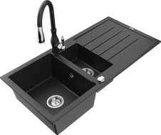 Mexen Andres 1.5-compartment granite sink with a drip tray and kitchen mixer tap Savita, Black/Silver - 6515-73-672601-70