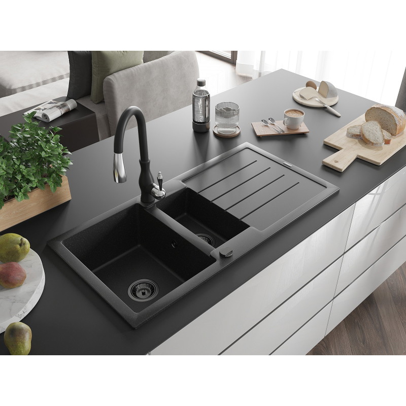 Mexen Andres granite sink 1.5-bowl with drainer and Savita kitchen faucet, black/silver - 6515-73-672601-70-B