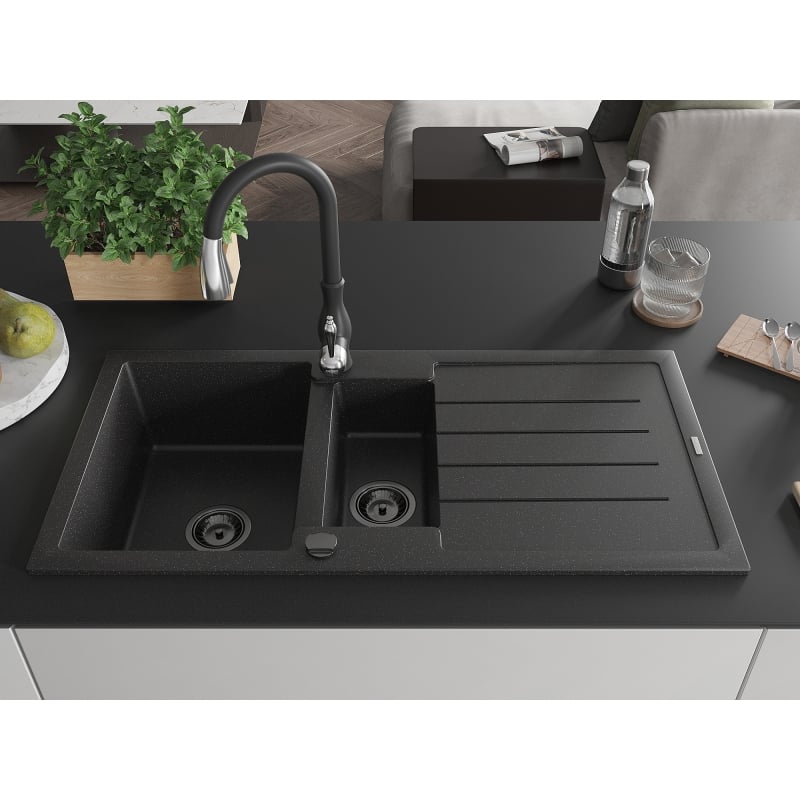 Mexen Andres granite sink 1.5-bowl with drainer and Savita kitchen faucet, black/silver - 6515-73-672601-70-B