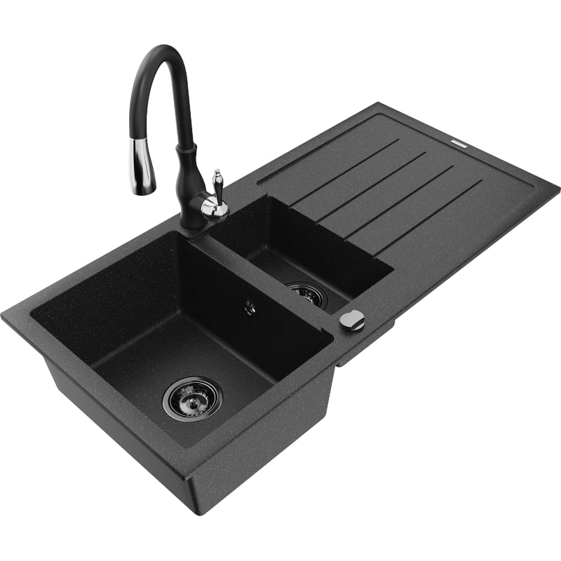 Mexen Andres granite sink 1.5-bowl with drainer and Savita kitchen faucet, black/silver - 6515-73-672601-70-B