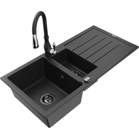Mexen Andres 1.5-bowl granite sink with drainer and Savita kitchen tap, black/silver - 6515-73-672601-70-B