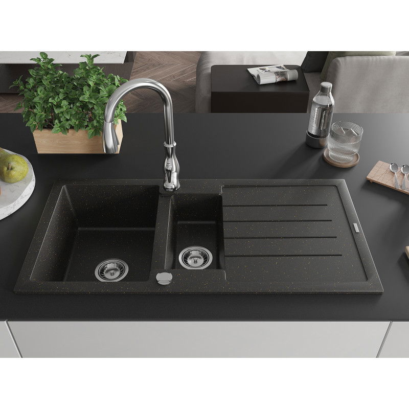 Mexen Andres 1.5-bowl granite sink with drainer and Savita kitchen tap, black/gold metallic- 6515-75-672601-00