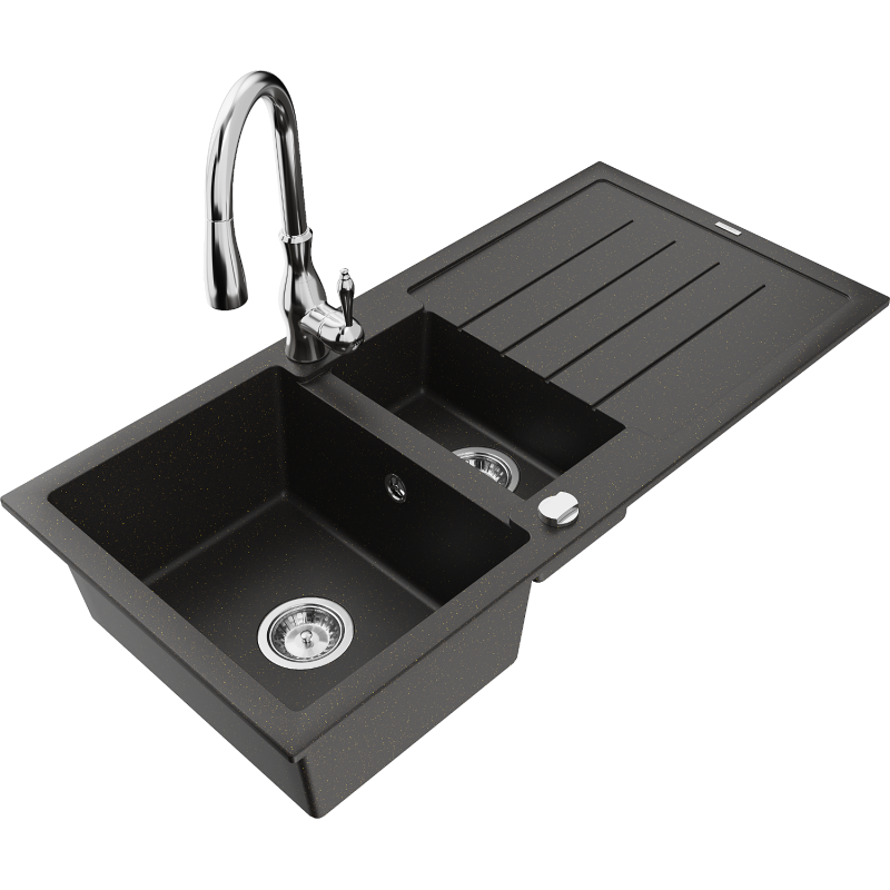 Mexen Andres 1.5-compartment granite sink with a drip tray and kitchen mixer tap Savita, Black/Gold metallic- 6515-75-672601-00